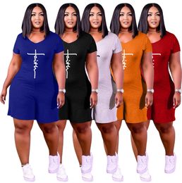 Faith Jumpsuits Summer Women Rompers Short Sleeve V neck Playsuits with Pockets Casual Loose Bodysuit Straight Short Pants Black Overalls 7083