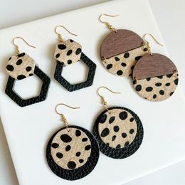 Splicing Wood Genuine Leather Earrings for Women Horse Hair Leopard Cow Colour Round Pendant Dangle Earrings Fashion Jewellery