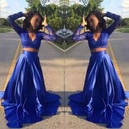 2021 Two Piece Prom Dresses Long Lace Sleeves Satin Sweep Train A Line V Neck Custom Made African Evening Party Gown Plus Size