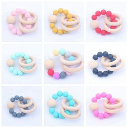 Wooden Teethers Toys Infant Silicone Chew Nursing Bracelets Baby Rattle Stroller Accessories Newborn Teeth Care Supplies 16 Colours DW5975