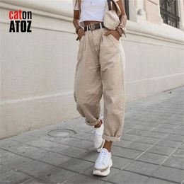 catonATOZ 2248 Khaki Female Cargo Pants High Waist Harem Loose Jeans Plus Size Trousers Woman Casual Streetwear Mom Jeans 201223