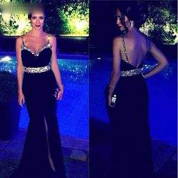 Setwell Spaghetti Mermaid Evening Dresses Sleeveless Sexy Backless Crystals Beaded Floor Length Split Prom Party Gowns