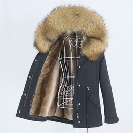 OFTBUY Navy Parka Winter Jacket Coat Women Real Fur Coat Parkas Natural Raccoon Fur Collar Hooded Warm Soft Faux Fur Liner 201027