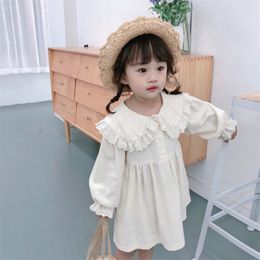 Spring Kids Dresses For Girls Lacework Patchwork Korean Style Cute Girls Long Sleeve Turn Down Collar Party Princess Dress Clothing 20220307 H1