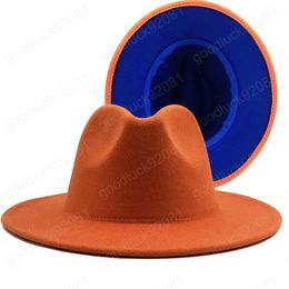 Simple Outer ORANGE Inner BLUE Wool Felt Jazz Fedora Hats with Thin Belt Buckle Men Women Wide Brim Panama Trilby Cap