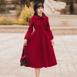 Women's Wool & Blends YOSIMI 2021 Winter Red Wine Coat Women Lace Mandarin Collar Long Sleeve Mid-calf Woolen Jackets Fall Clothes For