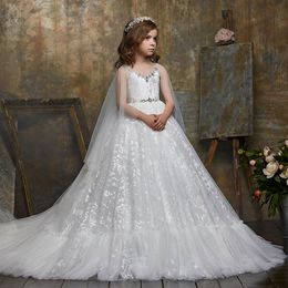 Beaded Lace Ball Gown Flower Girl Dresses With Wrap For Wedding Toddler Pageant Gowns Tulle Sweep Train First Communion Dress 407