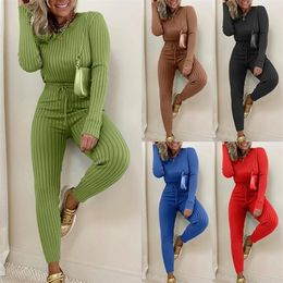 Two Piece Sets Womens Outifits Tops and Pants Set Autumn Winter Solid Colour Skinny Bodysuit Drawstring Tracksuits 220315