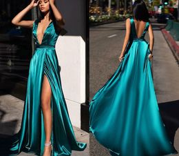 Blue Pea Prom Dresses Modest Designer Satin Deep V Neck High Slit Straps Sweep Train Custom Made Formal Ocn Evening Gowns