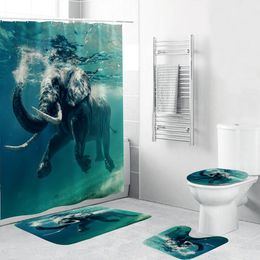 Underwater Elephant Waterproof Shower Curtain 4 Piece Bathroom Set Carpet Cover Toilet Cover Bath Mat Pad Durable Fabric T200624