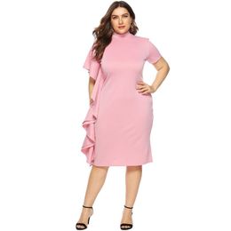 Womens Ruffled Short Sleeves Dress Fashion Trend Casual Solid Colour Turtleneck Clothing Summer New Female Sexy Slim Casual Dress