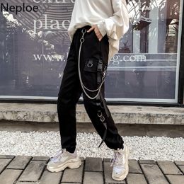 Neploe Women Men Cargo Pants Harajuku Chain Pockets Ankle Trousers High Waist Chain Hip-hop Punk Black Harem Pants Streetwear 201031