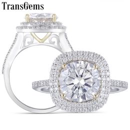 Transgems Centre 3ct Double Halo Engagement Ring 14K Yellow and White Gold 3ct 9mm F Colour Ring for Women Y200620