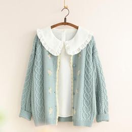 Mori Girl Sweet Floral Thick Warm Sweater Spring Autumn Women Knitted Cardigans Girl's Twist Crochet Knitted Sweater Coat 210218