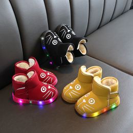 High Quality Kids PU Boots Shoes Children Baby LED Light Up Luminous Sneakers Winter Warm Snow Hook&Loop Boot LJ201029