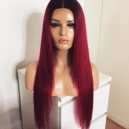 Uzun Düz Brezilyalı Saç Ombre Kırmızı Peruk Isıya Dayanıklı Sentetik Dantel Ön Peruk Cosplay Peruk Siyah Kadınlar için