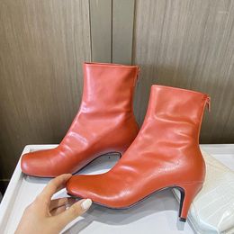 2020 Luxury Women Soft Leather Ankle Boots Square Toe Orange White 7cm High Heels Western Cowboy Boots Sock Botas Mujer1