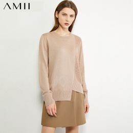 AMII Minimalism Autumn Fashion Women Sweater Solid Spliced Oneck Irregular hem Loose Women Pullover Causal Female Tops 12040498 201030
