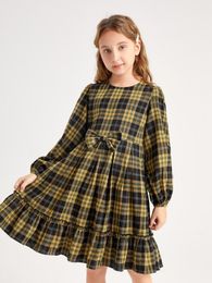 Girls Tartan Print Bow Front Frill Trim Dress SHE