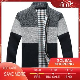 Winter Fashion Patchwork Men's Knitted Jackets Thick Comfy Long Sleeve Sweater Coat Warm Stand Collar Fall Tide Casual Cardigan 201104