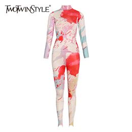 TWOTWINSTYLE Print Patchwork Two Piece Set For Women Turtleneck Long Sleeve Tops Full Length Pants Hit Color Sets Female 2020 LJ201117