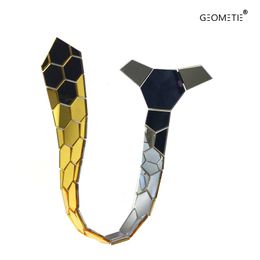 Reversible Mirror Necktie One side Gold n One Side Silver Classy Hexagons Ties Lover Gift Acrylic Shining Ties Slim Tie Clip Set 2283b