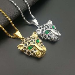 Tide hip hop hiphop jewelry titanium steel gold plated diamond with red and green eyes leopard head pendant necklace GD1238