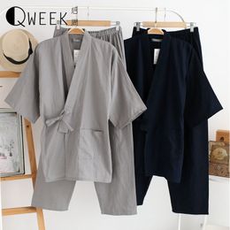 Men Pyjama Set Cotton Japanese Kimono Seven-quarter Sleeve Tops+Pants Sleepwear Set Casual Night Pajamas Loungewear Home Clothes 201111
