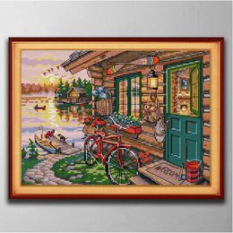 Riverside hut Handmade Cross Stitch Craft Tools Embroidery Needlework sets counted print on canvas DMC 14CT 11CT Home decor paintings
