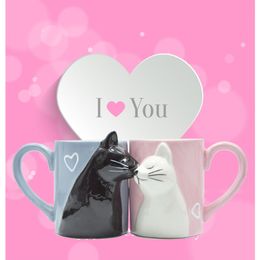 2pcs Luxury Kiss Cat Cups Couple Ceramic Mugs Married Couples Anniversary Morning Mug Milk Coffee Tea Breakfast Valentines Day Y200106