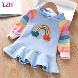 LZH Kids Girls Sweater Dress 2020 Autumn Children Rainbow Embroidered Long Sleeve Princess Dresses For Girls Casual Hooded Dress LJ200923