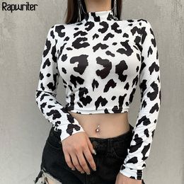 Skinny Tie Dye Women T Shirt Harajuku Slim Milk Cow Print Stand Collar Long Sleeve Sexy Crop Top Tee Fashion Clothes Rapwriter 201029