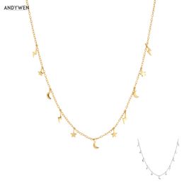 ANDYWEN 925 Sterling Silver Gold Moon Star Charm Pendant Choker Necklace Women Fashion Plain Luxury Jewellery 2021 Gift Q0531