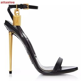 2022 Woman Sandals style name brand Celebrity Metallic Ankle-Lock Gold Stiletto Heel Shoes Padlock High Heels 220222