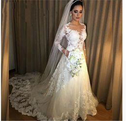 Elegant A Line Lace Wedding Dress Chapel Train Ivory Country Garden Bridal Gowns Illusion Long Sleeve sheer Jewel Neck 2022 Wedding Dresses