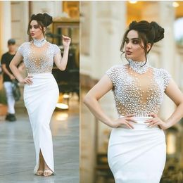 Arabic Dubai Pearls Beaded Sheath Evening Dresses For Women 2022 Sexy Illusion High Neck Short Sleeve White Satin Formal Party Gowns Split Fitted Long Prom Dress