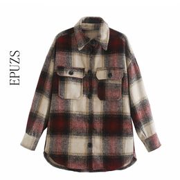Vintage Chic Plaid Shirt Jackets Women winter coat Fashion Pockets Lapel Collar casual jacket female thick Outerwear 201029