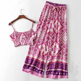 Boho Inspired Floral Print 2 Piece Set Vintage sleevless Short Tops Elastic Maxi Pant Summer Beach Boho Casual 2020 Women Sets LJ201117