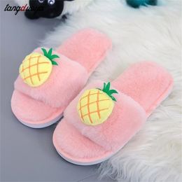 fur slides women House Slippers winter furry slippers apple pineapple Warm Shoes Woman Slip on Flats Slides Cosy pink fur slide Y201026