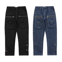Men's Jeans High American street zipper decorative patch pocket trouser leg button straight jeans