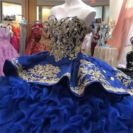 Royal Blue Quinceanera Dresses 2022 Cascading Ruffles Haft Zroszony Kapitał Satynowy Sweetheart Dekolt Słodka 16 Księżniczka Suknia Balowa Vestido Bes121