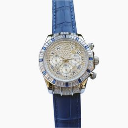 Diamantuhr für Herren, Saphirglas, Chronograph, Lederarmband, automatische mechanische Luxus-Armbanduhr mit Diamantzifferblatt
