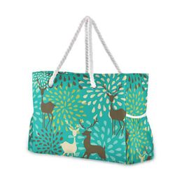 Shopping Bags 2021 New Christmas deer Printing Nylon Beach Shoulder Bag Women's Creative Rope Shopping Bag Big Summer Tote Handbag 220310