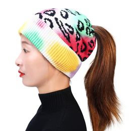 Women Ponytail Caps Leopard Knitted Beanie Fashion Girls Winter Warm Hat Back Hole Pony Tail Autumn Casual Beanies