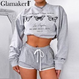 Glamaker Butterfly print long sleeve women set summer crop top casual sweat suits outfits streetwear fashion 2 piece shorts set T200701