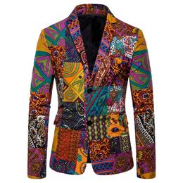 Mens Casual Vintage Ethnic Printed Floral Suit Slim Fit Blazer Jacket Red Warm Colour Fashion Symbol Print Personalised Suit#LR3 201104