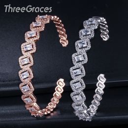Fashion Inlay Square Cubic Zirconia Stone Rose Gold Colour Open Cuff Bangle Bracelet for Women Jewellery Gift