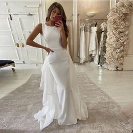 Setwell Jewel Neck Mermaid Wedding Dresses Sleeveless Floor Length White Custom Made Bridal Gowns With Overskirt