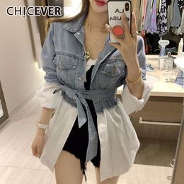 CHICEVER Fake Two Pieces Patchwork Denim Jacket Female Lapel Collar Long Sleeve Tunic Lace Up Asymmetric Coats Women Tide 201029