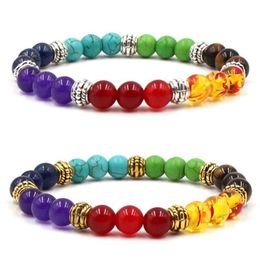 8mm Rainbow Seven Chakras Natural Stone Beads Elastic Bracelet Mantra Prayer Buddha Bracelet Beaded Hand Strings